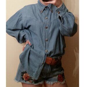 Vintage Western Denim Shirt Metal Wing Collar OS